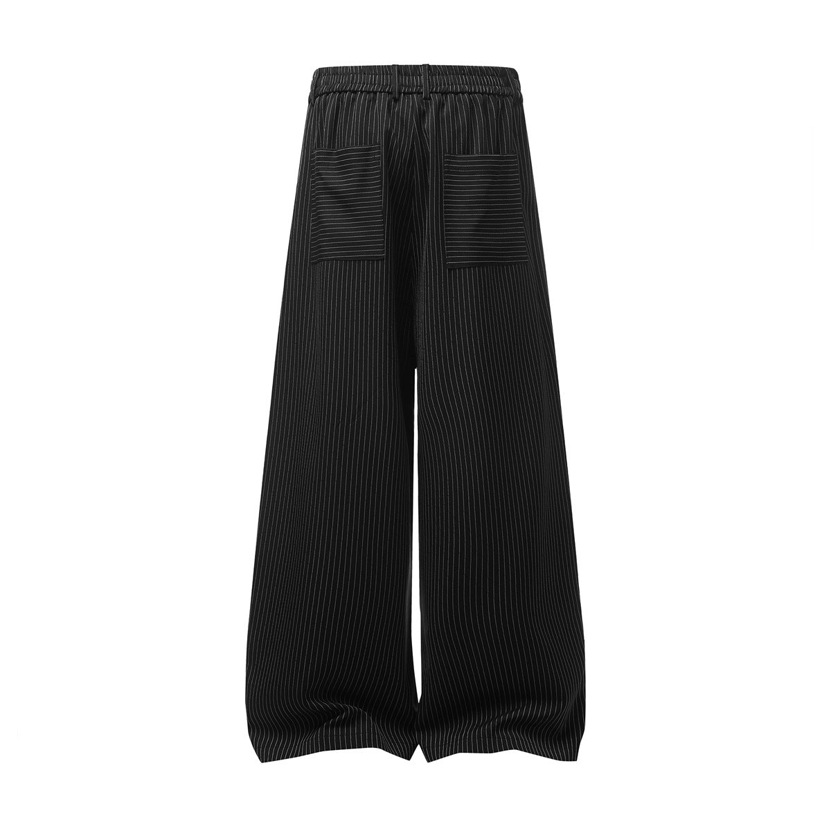 Back view of black pinstripe wide-leg trousers with an elastic waistband and two patch pockets.