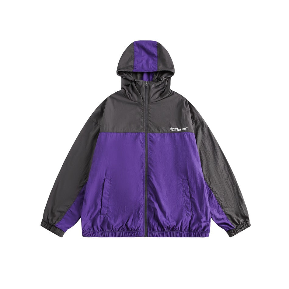 Charcoal and purple color-block hooded zip jacket with elastic cuffs and hem, front pockets, flat front view