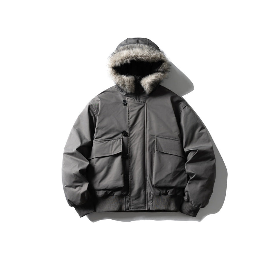 Gray hooded padded jacket with faux-fur-look hood trim, flap pockets and ribbed hem, front view