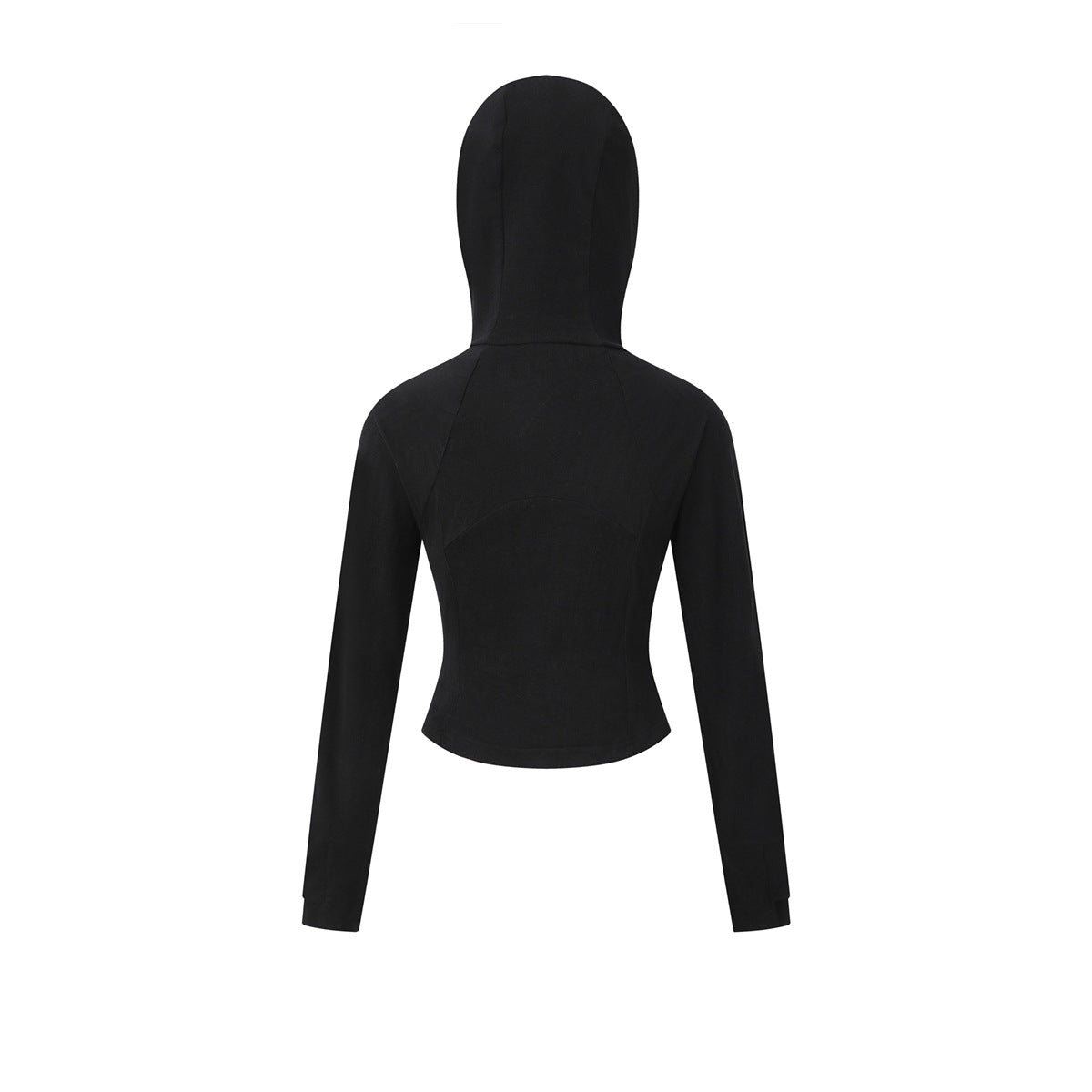 Black long-sleeve cropped hoodie shown from the back, with a tall hood and curved panel seams.