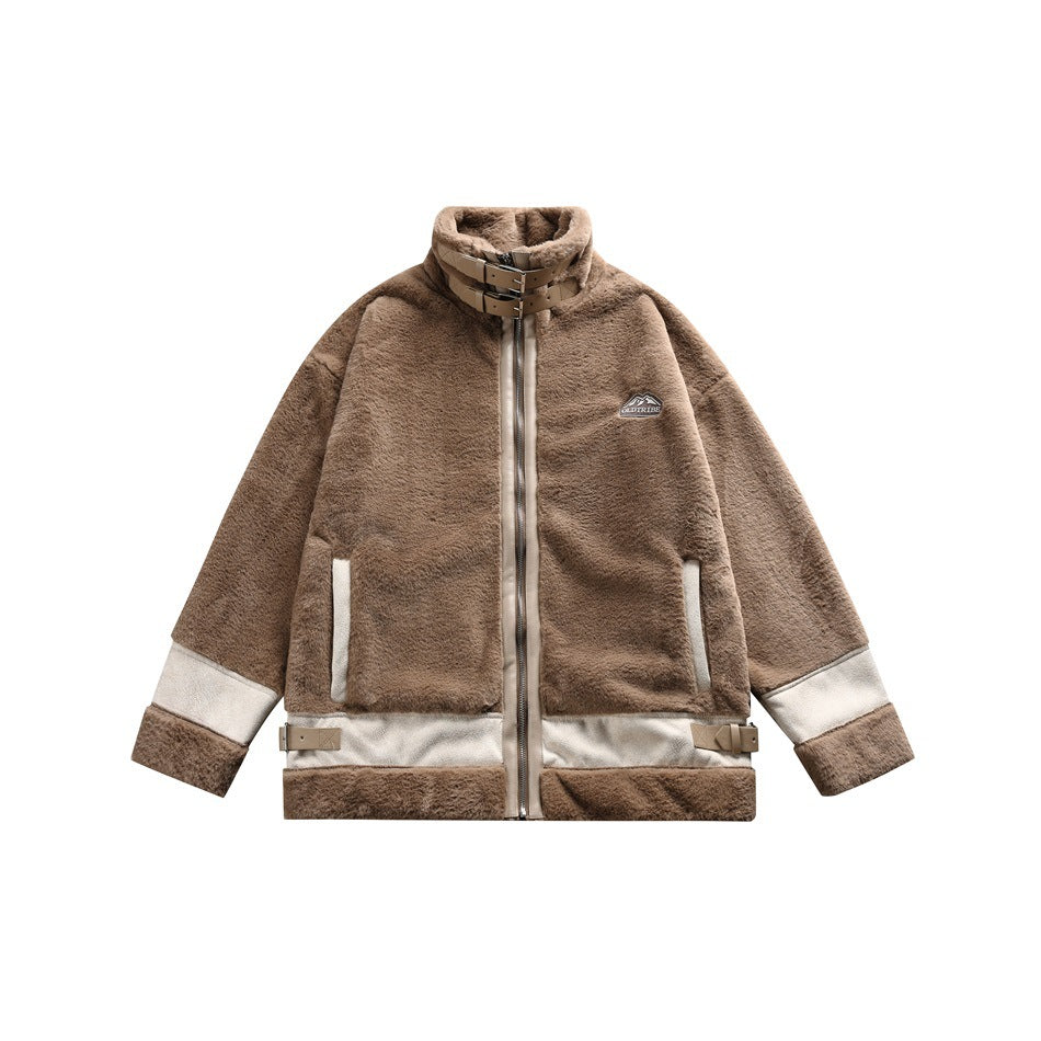 Coffee brown plush zip jacket with cream suede-like sleeve and hem panels and buckled collar straps, flat front view