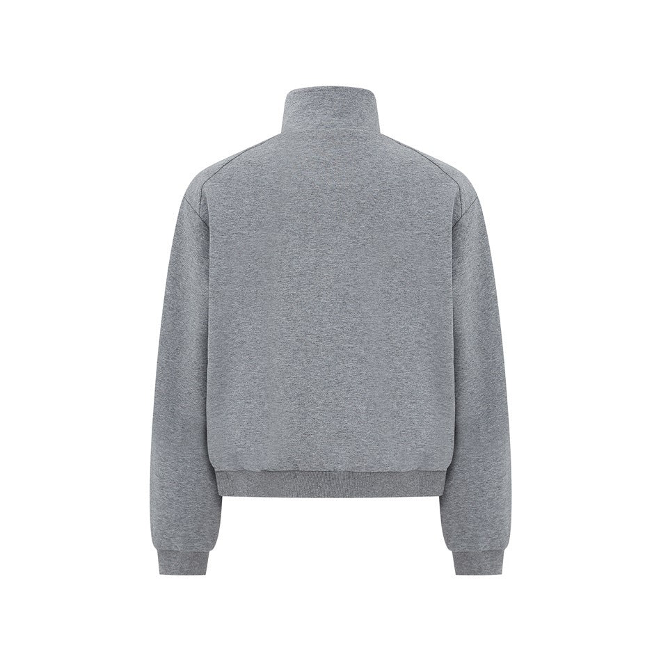 Back view of a heather gray zip-up jacket with a stand collar and ribbed cuffs and hem.