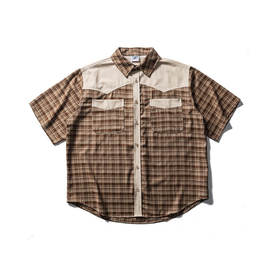Brown plaid short-sleeve button-front shirt with beige yoke, placket and pocket tops, flat lay front view