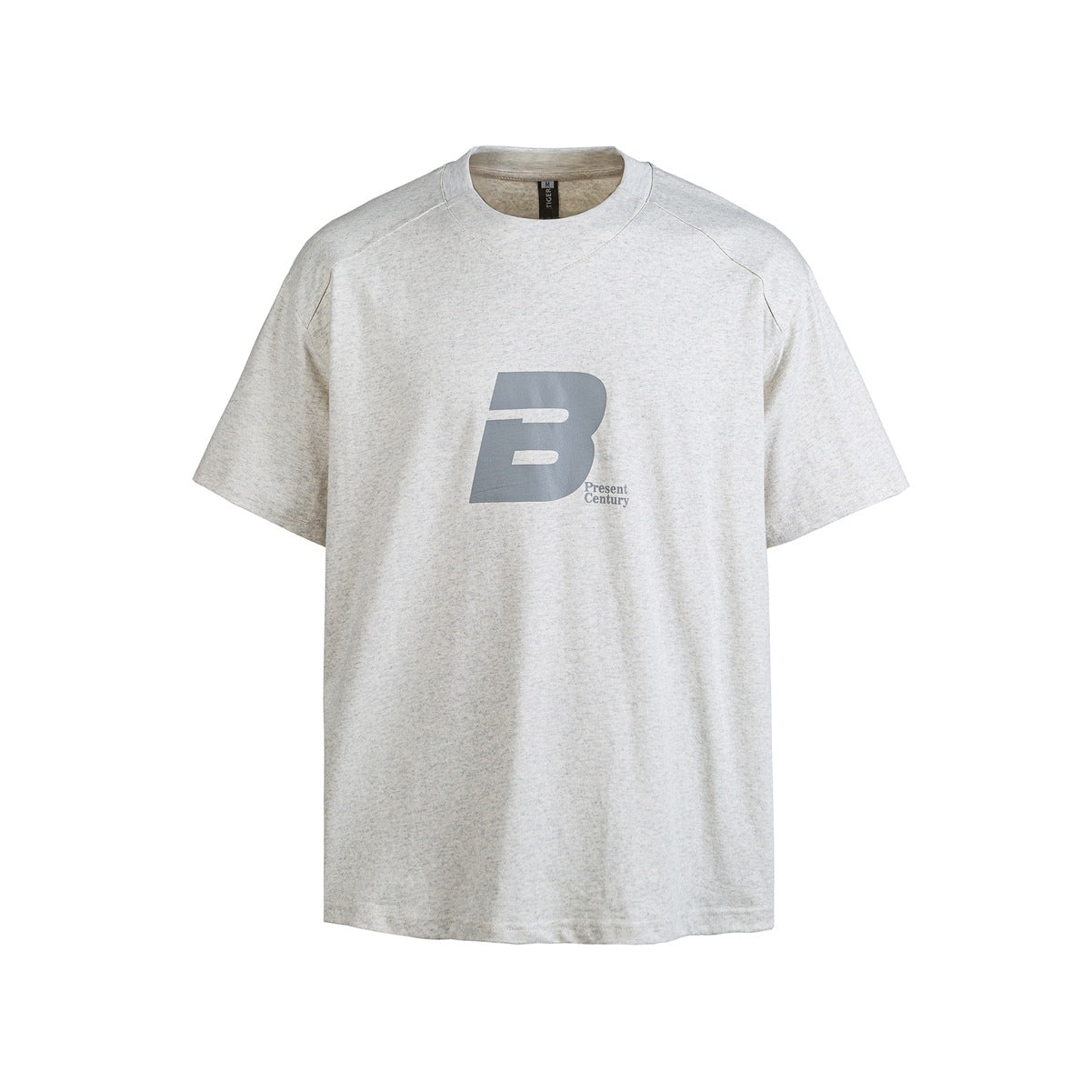 Heathered light gray short-sleeve crew-neck T-shirt with gray B logo and Present Century print on chest, front view