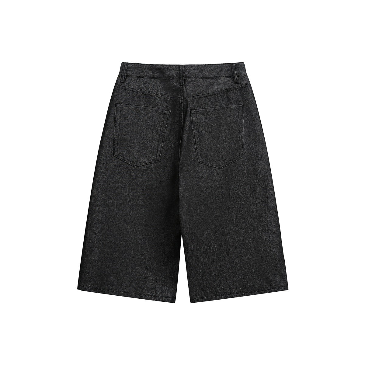 Back view of black wide-leg denim shorts laid flat, showing two rear pockets and belt loops.