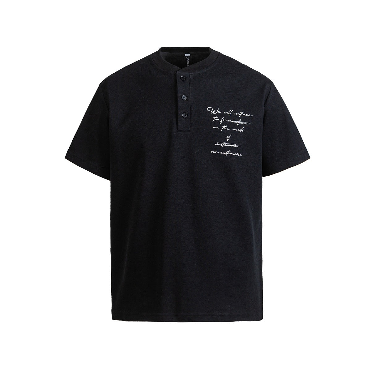 Black Henley T-shirt with band collar, three buttons and white script text graphic on the chest, front view
