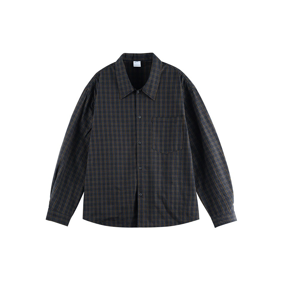 Navy plaid long-sleeve button-up shirt flat lay, front view with collar and chest pocket