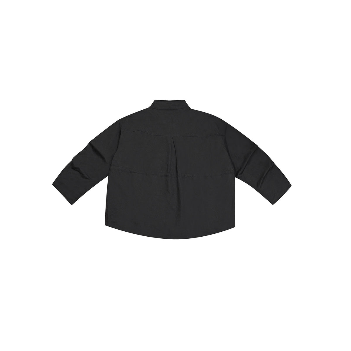 Back view of a black, loose-fit jacket with a stand collar and wide sleeves.