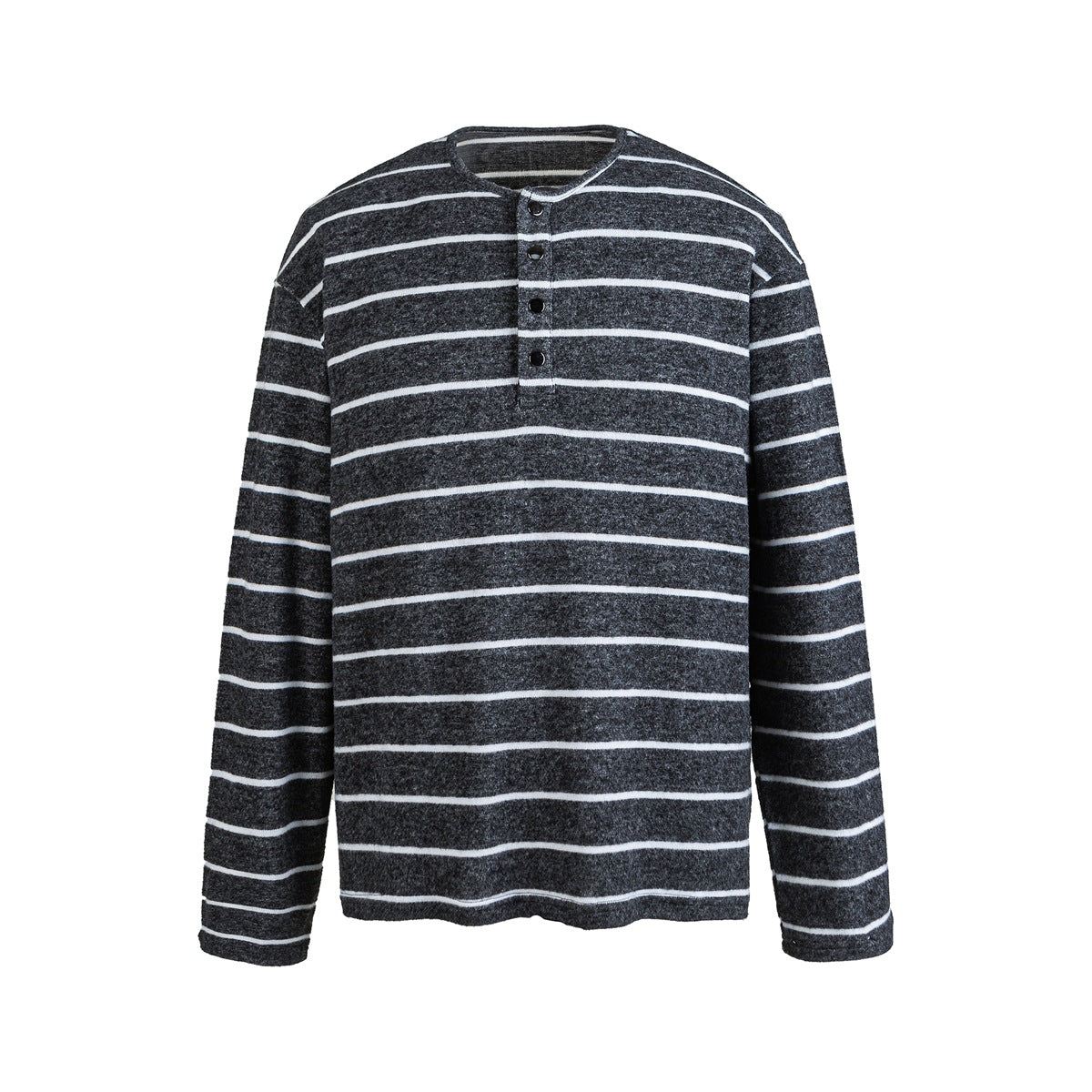 Charcoal heathered long-sleeve Henley top with white horizontal stripes and four snap buttons, flat front view