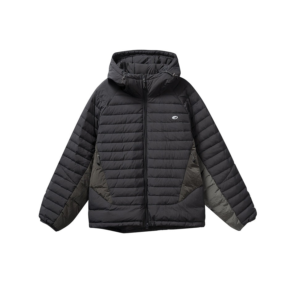 Charcoal black hooded quilted jacket with front zip, olive-gray contrast side panels and small chest logo patch