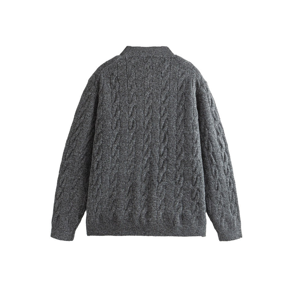 Back view of a dark charcoal cable-knit cardigan with long sleeves and ribbed collar, cuffs, and hem.