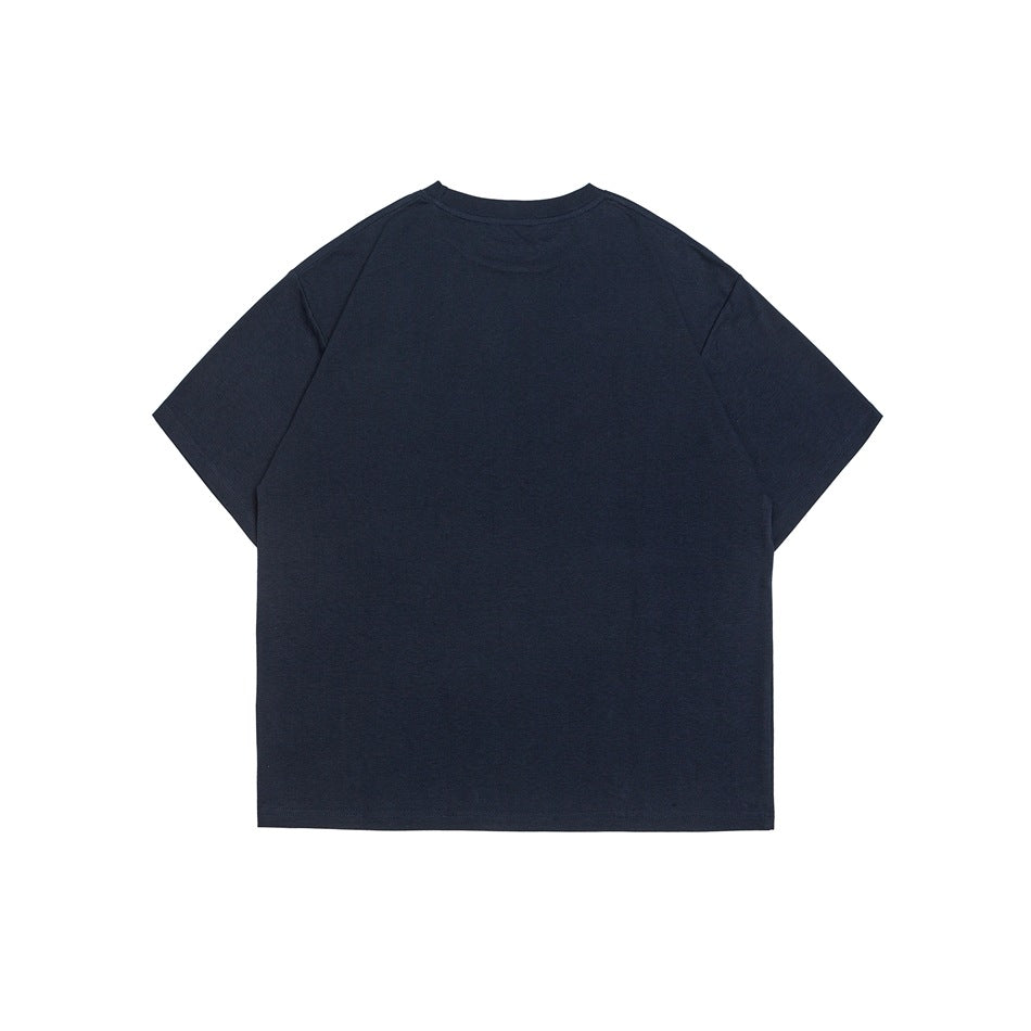 Back view of a plain dark navy short-sleeve crew-neck T-shirt laid flat on a white background.