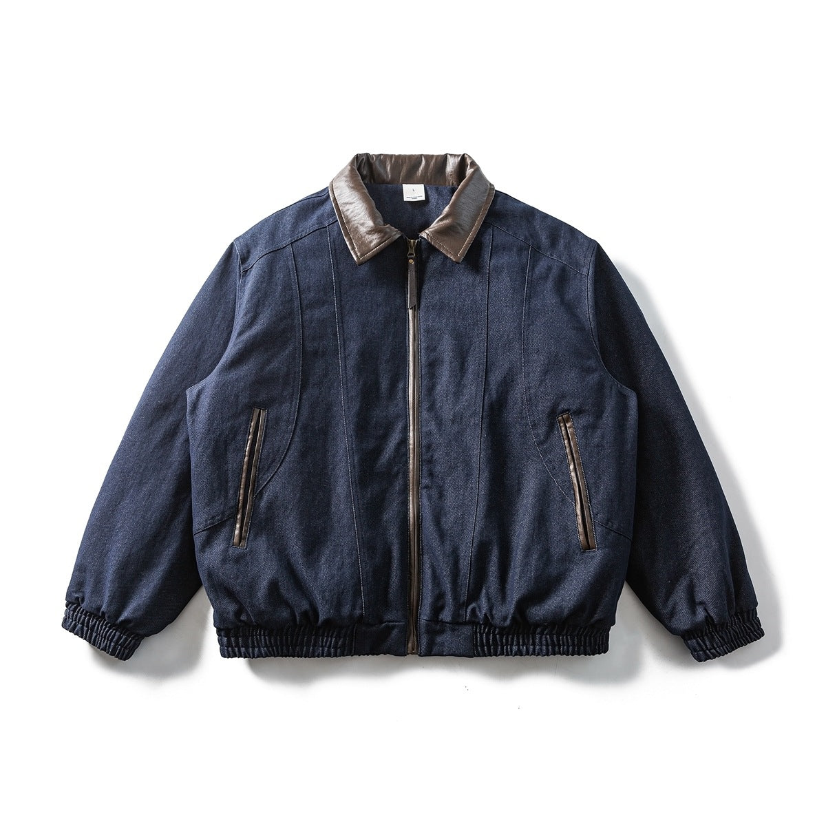 Navy bomber-style jacket with brown contrast collar, front zipper and elastic hem, flat lay front view