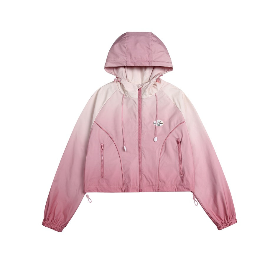 Pink gradient cropped hooded zip jacket, flat front view with drawcords and zippered pockets