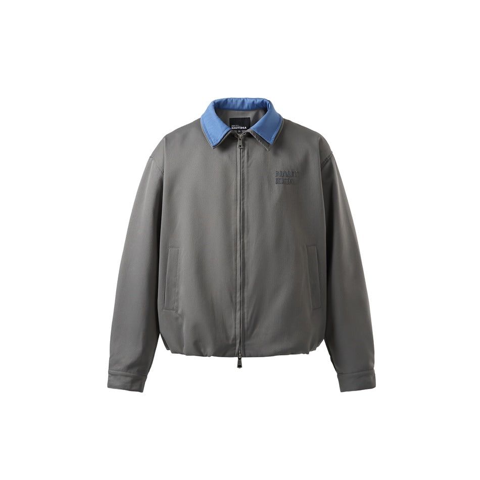 Gray zip-front jacket with blue contrast collar, front pockets and tonal chest embroidery, flat front view