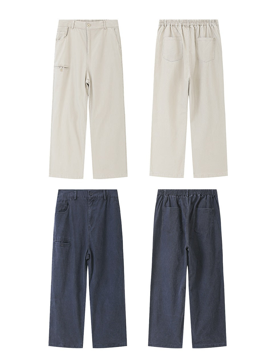 Front and back views of light khaki and slate blue wide-leg pants arranged in a grid