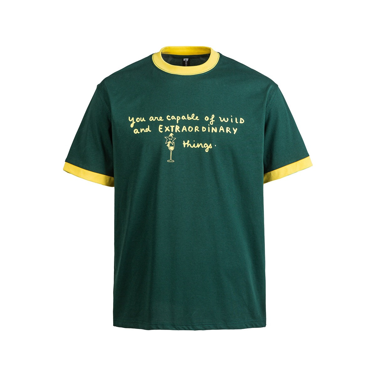 Dark green ringer T-shirt with yellow collar and cuffs and a yellow handwritten-style 'wild and extraordinary things' print