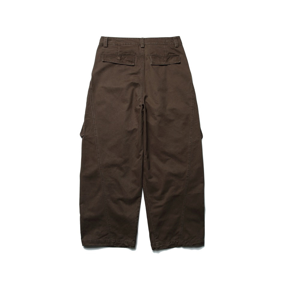 Back view of coffee brown wide-leg cargo pants with two flap pockets and curved leg seams