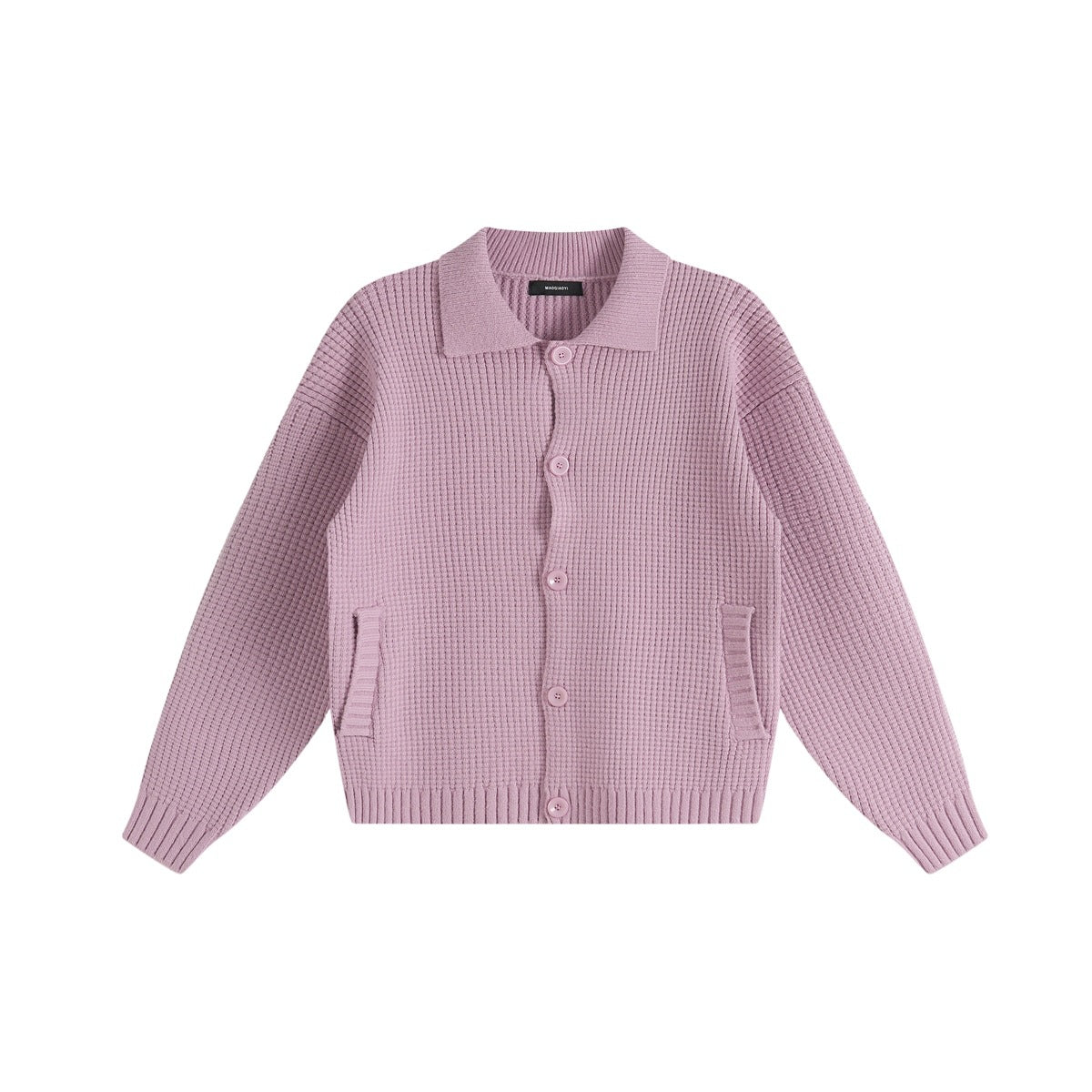 Pink waffle-knit button-front cardigan with collar, ribbed hem and cuffs, and front pockets, flat view
