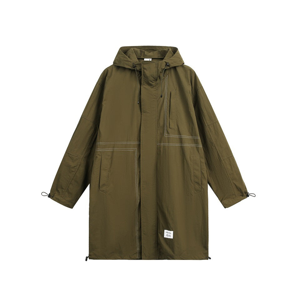 Moss green long hooded jacket with drawcord hood, contrast stitched pockets, and toggle cuffs, shown flat on white