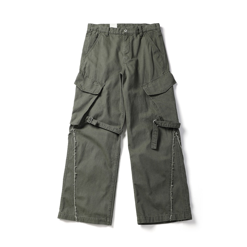 Army green wide-leg cargo pants with flap pockets, knee straps and frayed leg seams, front flat lay