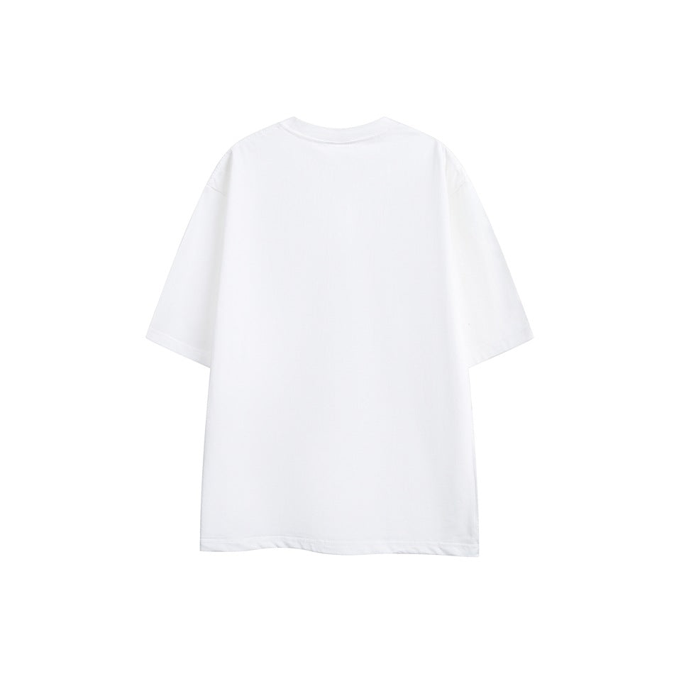 Back of a plain white short-sleeve T-shirt.