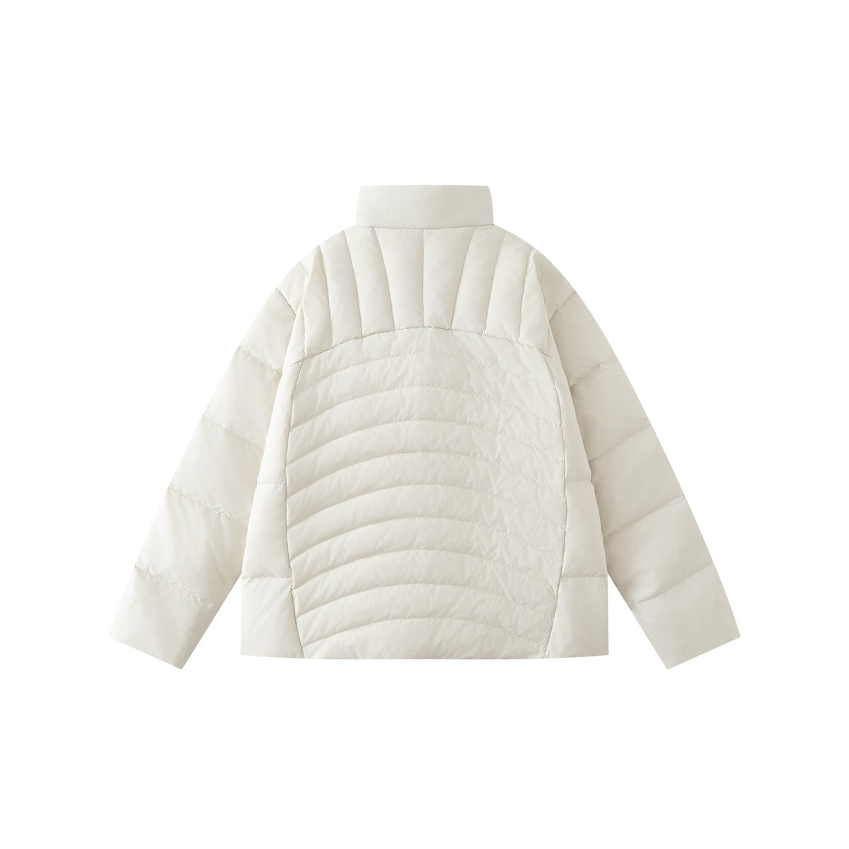 Back view of an ivory quilted jacket with a tall collar and curved horizontal quilting.