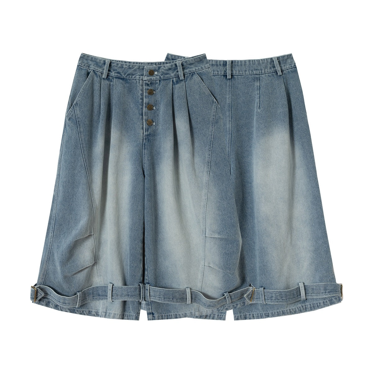 Blue wide-leg denim trousers shown from the front and back, with faded panels and adjustable hem straps.