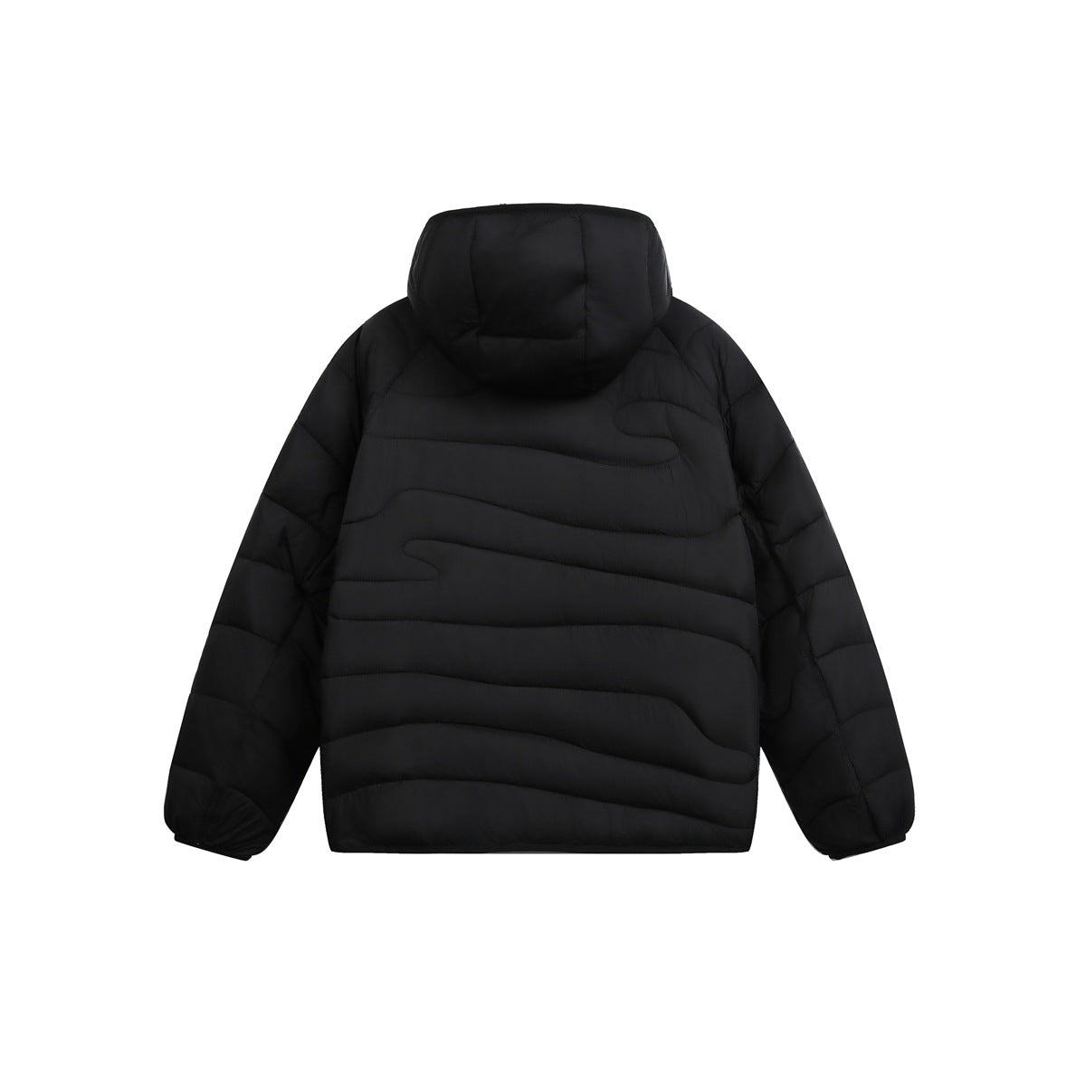Back view of a black hooded quilted jacket with wavy stitched panels and long sleeves.
