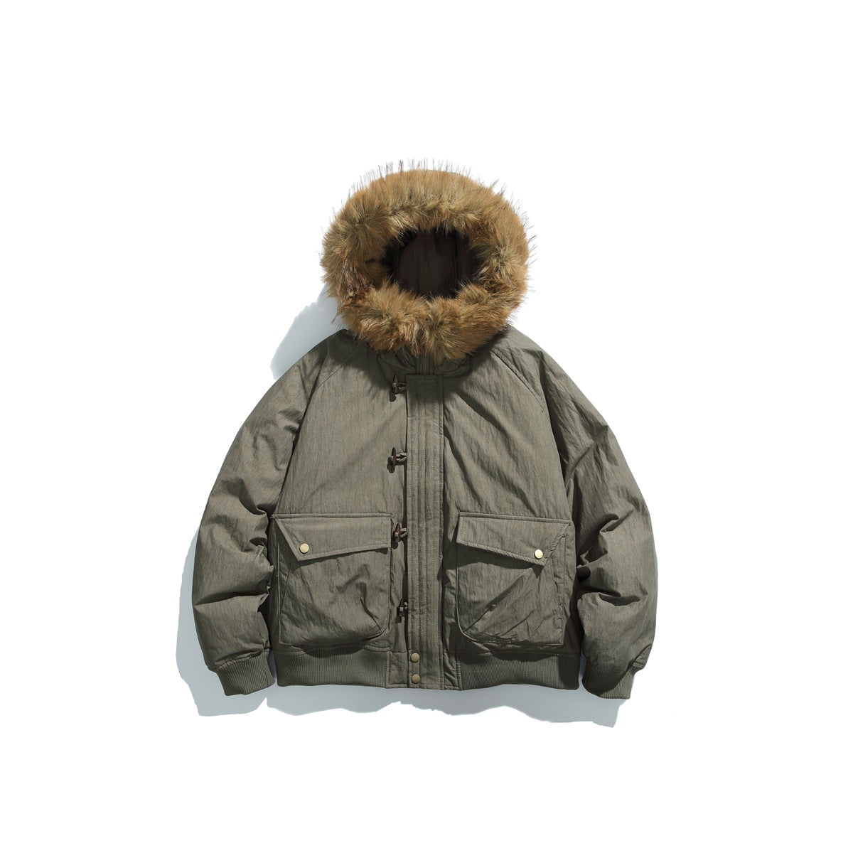 Army green hooded puffer jacket with fur-like hood trim, toggle closures and two snap flap pockets, front flat lay