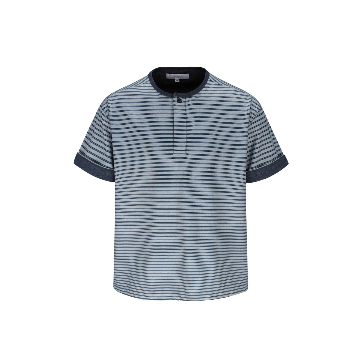 Front flat view of navy blue striped short-sleeve Henley tee with dark navy collar and cuffed sleeves