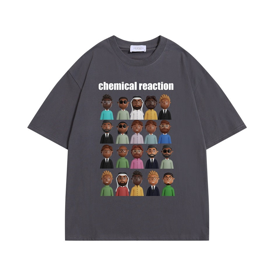 Gray short-sleeve T-shirt with white 'chemical reaction' text and a grid of cartoon character portraits