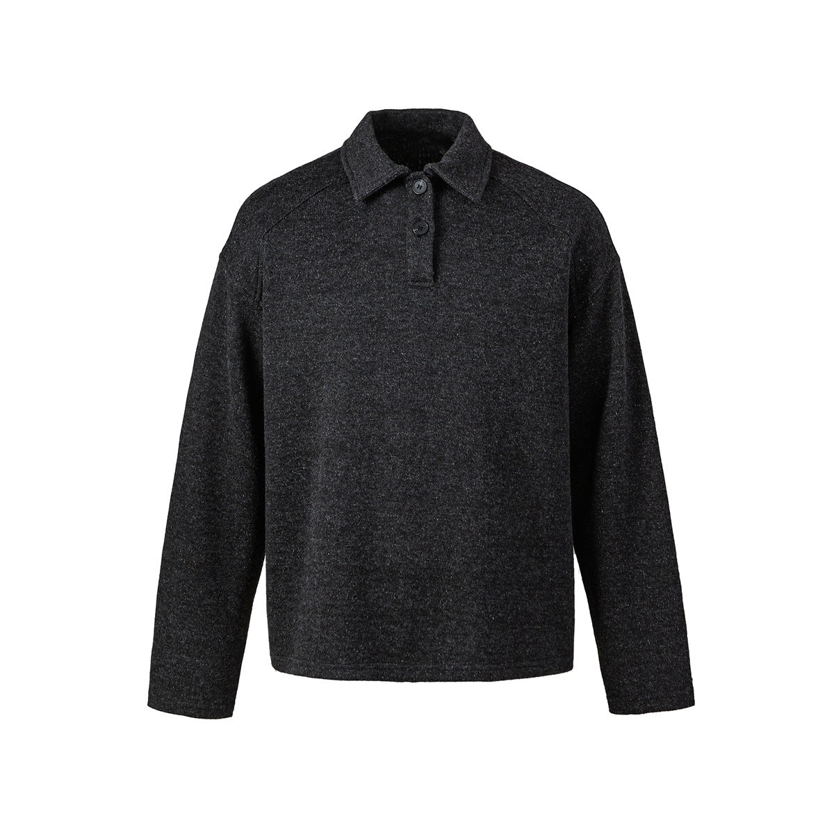 Black heathered long-sleeve polo-style pullover with two-button placket, flat front view on white background