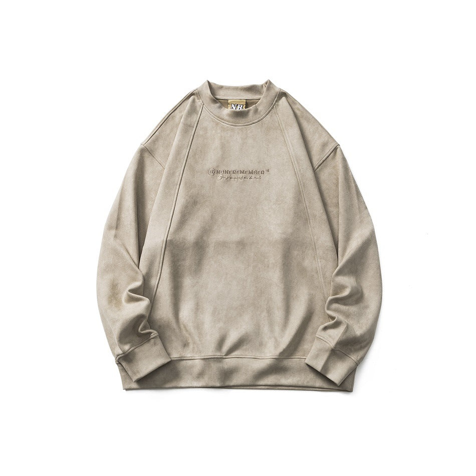 Light brown suede-look pullover sweatshirt, front view, with tonal chest embroidery and ribbed cuffs and hem