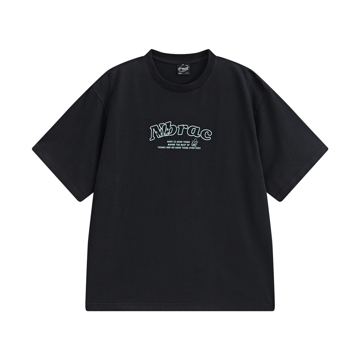 Black short-sleeve crew-neck T-shirt with small light blue outlined Nbrac lettering print on the chest, flat lay