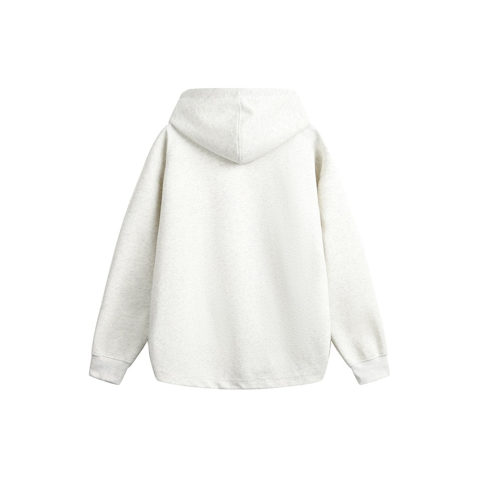 Back view of a plain light heather gray hoodie with a hood, long sleeves, ribbed cuffs and hem.