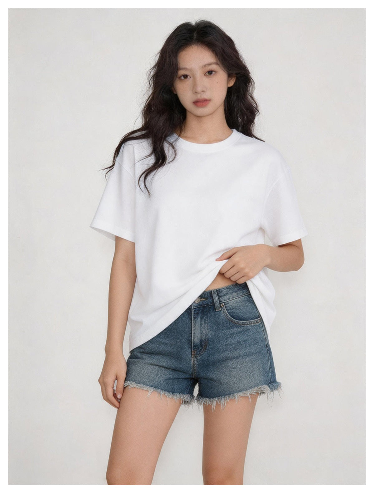 Model wearing a plain white short-sleeve crew-neck T-shirt with blue frayed denim shorts.