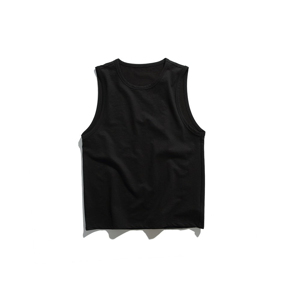 Black sleeveless crew-neck tank top flat lay with binding at neckline and armholes