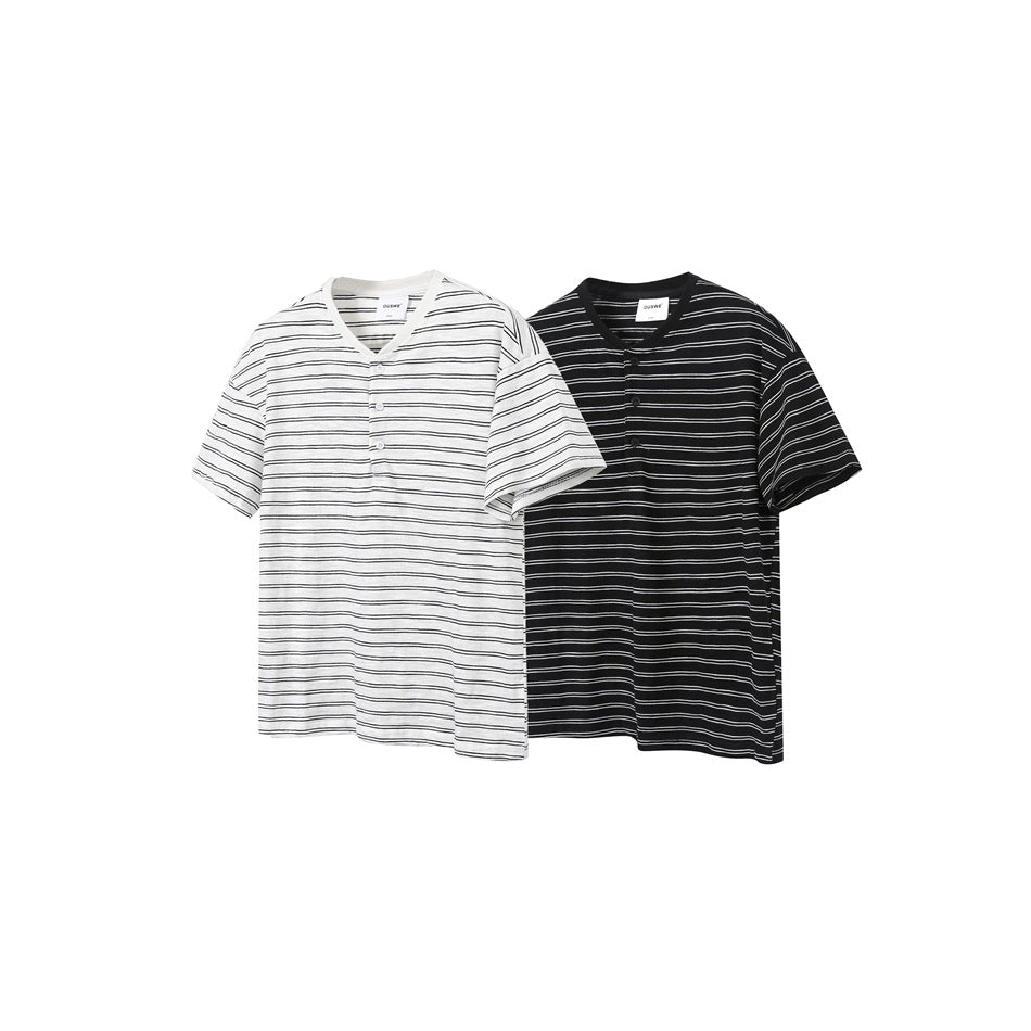 White and black short-sleeve shirts with horizontal stripes, V-necks and three-button plackets, shown from the front.
