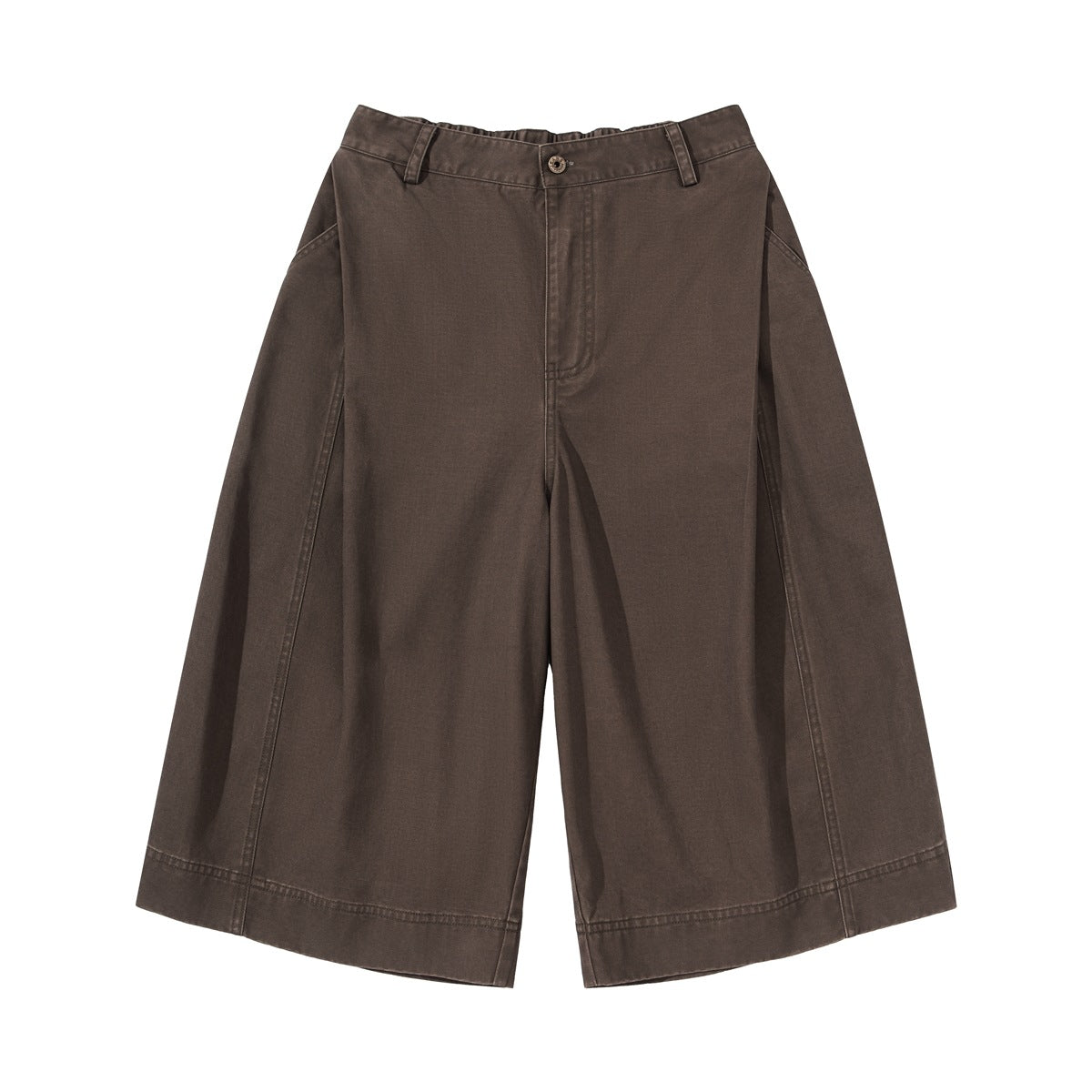 Front view of dark brown wide-leg cropped trousers with a button closure, belt loops, and broad hems.