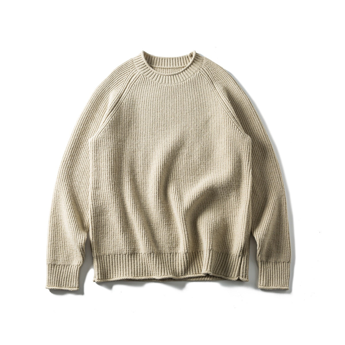Khaki ribbed knit crew-neck raglan sweater laid flat, front view
