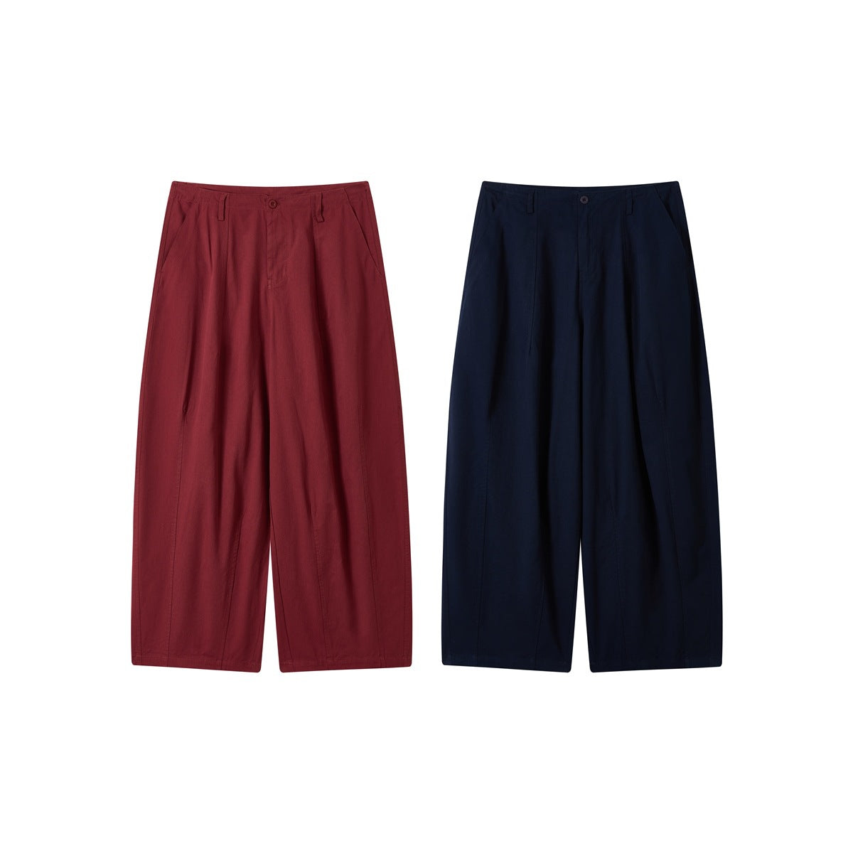 Two pairs of wide-leg trousers shown from the front in burgundy and dark navy.