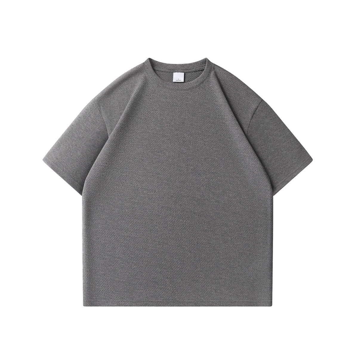 Dark gray short-sleeve crew-neck T-shirt with textured knit fabric, flat front view