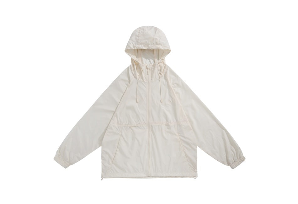 White hooded zip-up lightweight jacket flat lay, front view with drawcord hood, pockets and elastic cuffs