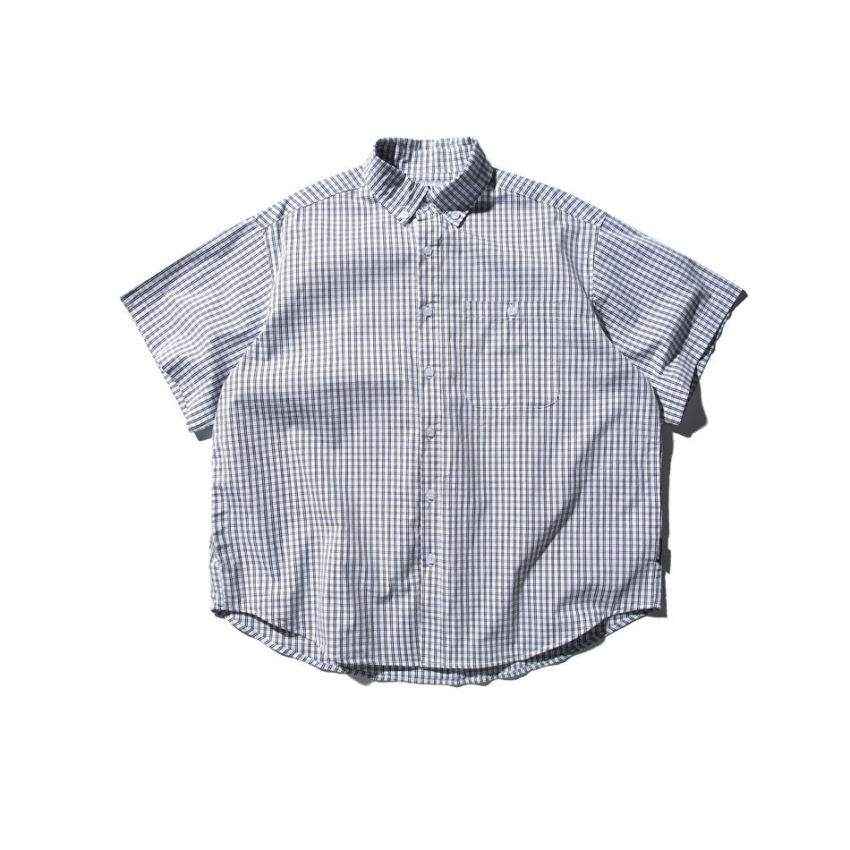 White short-sleeve button-down check shirt with chest pocket, flat lay front view