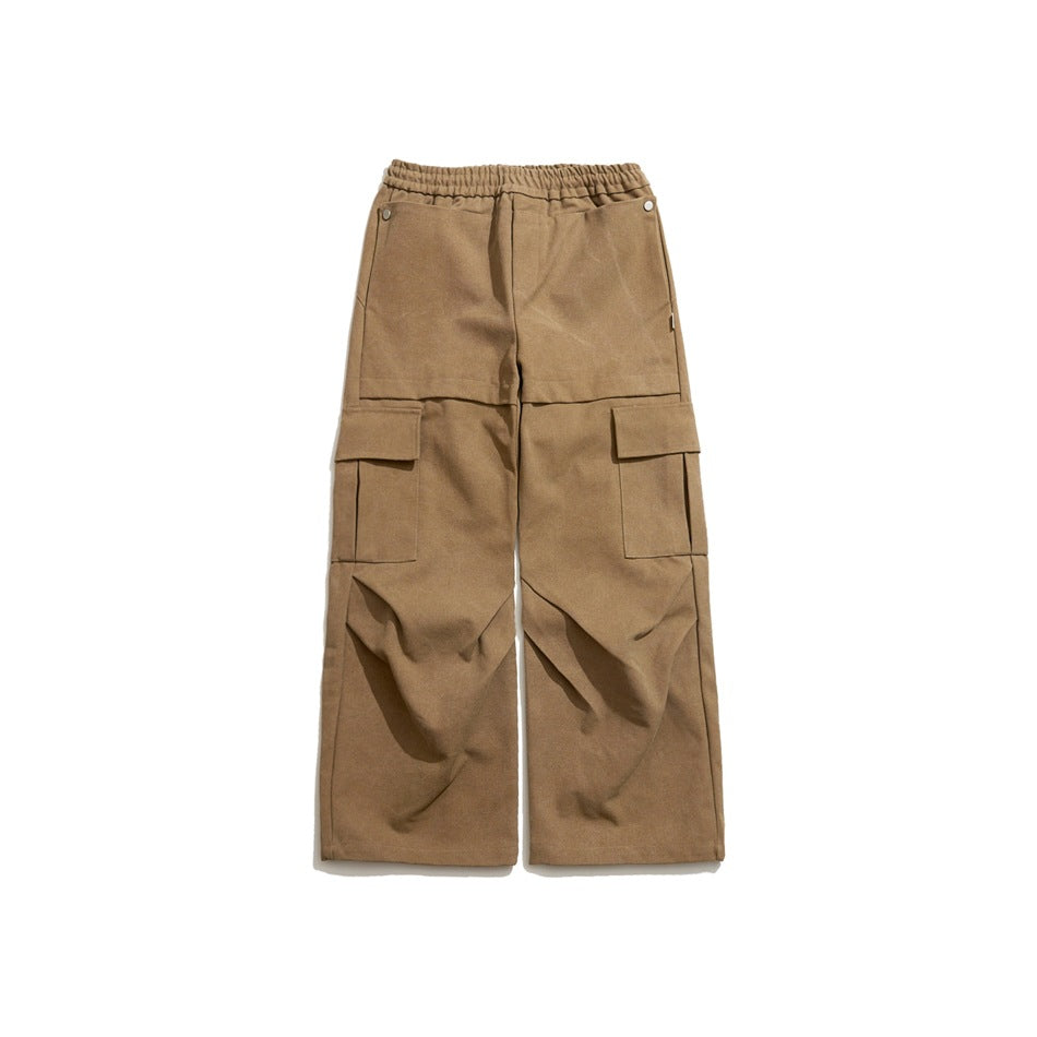 Khaki wide-leg cargo pants flat lay, front view, with elastic waist and flap side pockets