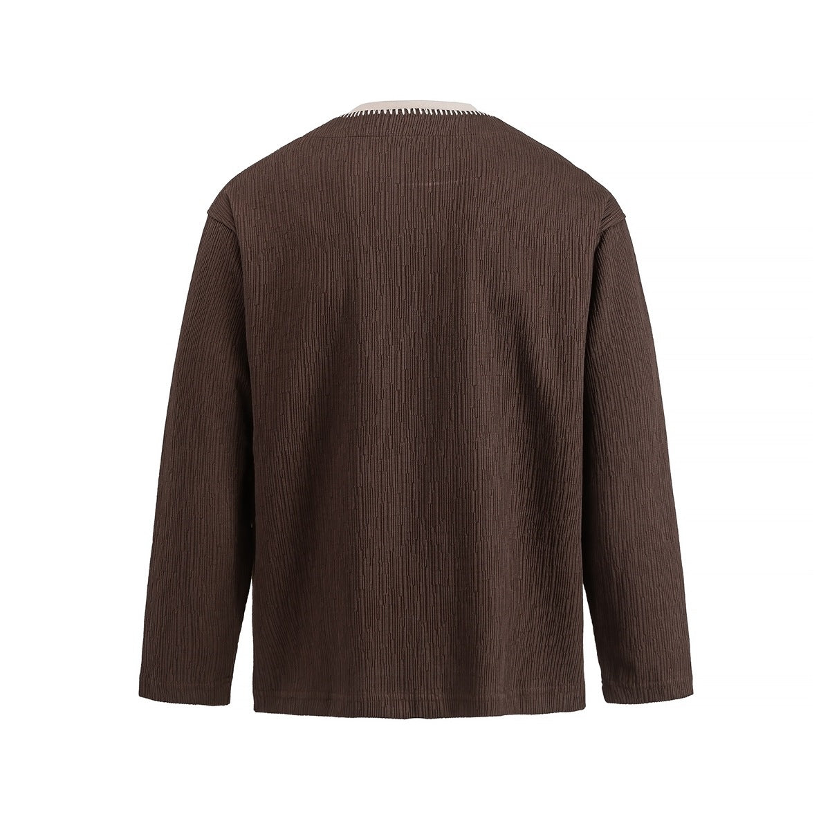 Back view of a brown long-sleeve ribbed top with a light collar and contrasting stitching at the neckline.