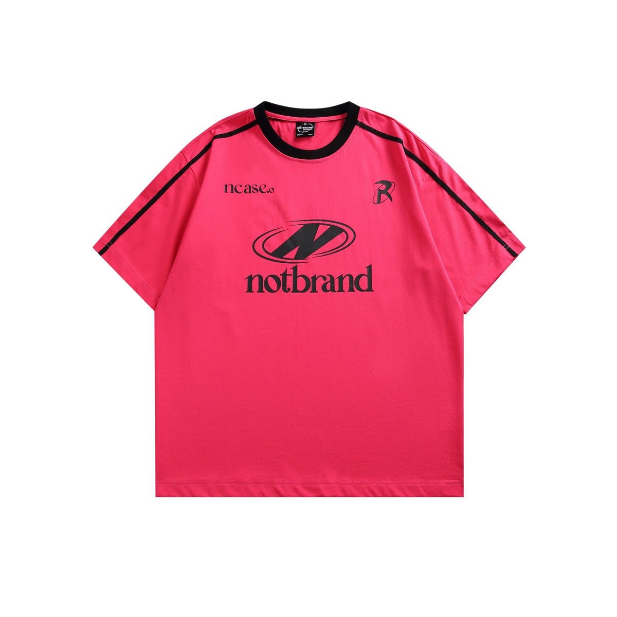 Rose red short-sleeve crew-neck T-shirt with black collar, black shoulder stripes and oval logo print, flat front view