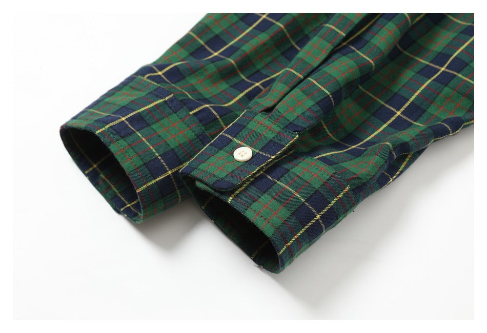 Close-up of the tartan shirt's buttoned cuff and sleeve placket.