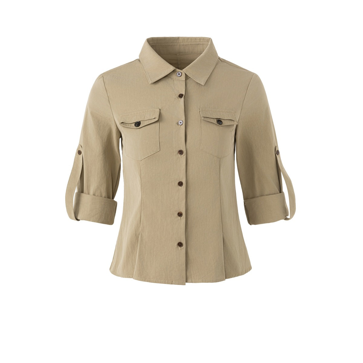 Khaki button-front shirt jacket with chest flap pockets and rolled sleeves, flat front view on white